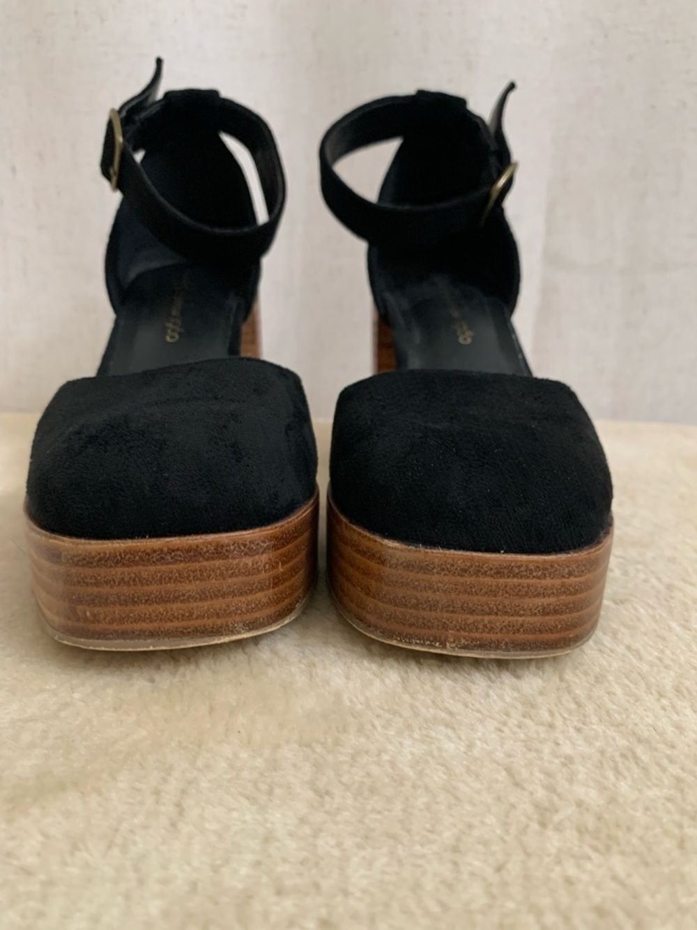 House of Harlow 1960 Black Faux Suede Platform AnkleStrap Block Chunky Wood Heel - Picture 10 of 11